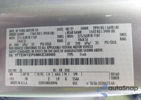 2021 Ford F-150 Xlt from USA, damaged, VIN 1FTEW1EP0MKE38060